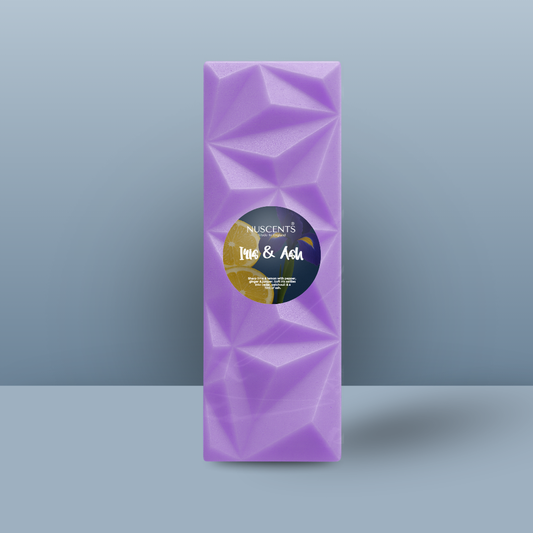 Purple geometric wax melt with Nuscents label for home fragrance