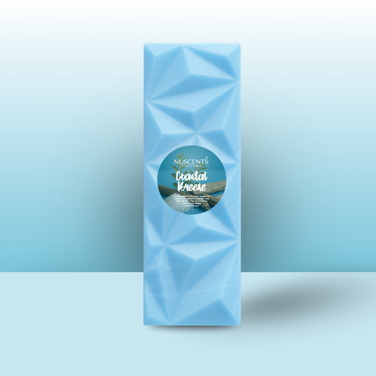 Blue geometric wax melt packaging with Coastal Breeze label for home fragrance